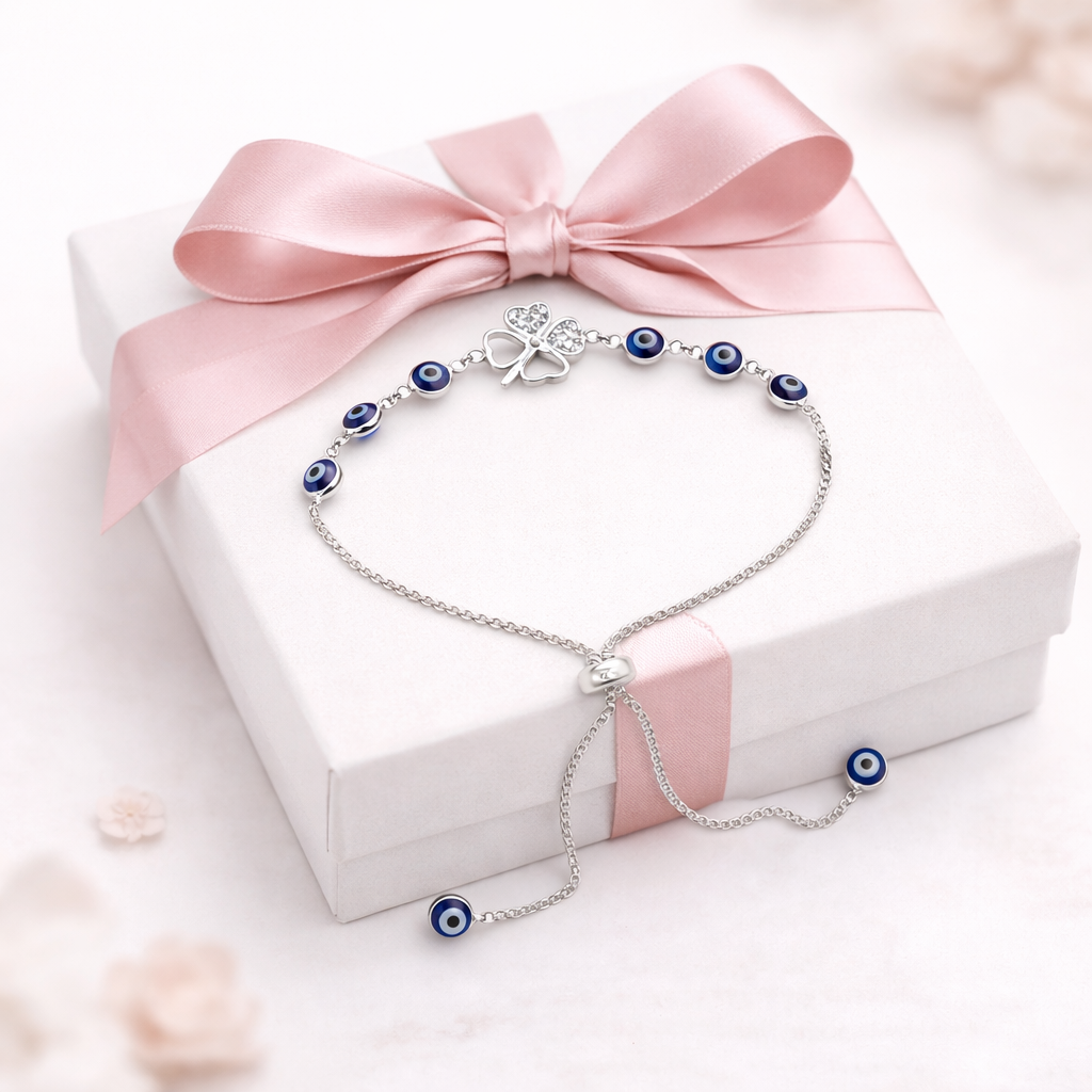 Lucky Clover Evil Eye Bracelet Adjustable 925 Sterling Silver