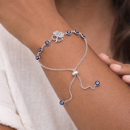 Lucky Clover Evil Eye Bracelet Adjustable 925 Sterling Silver