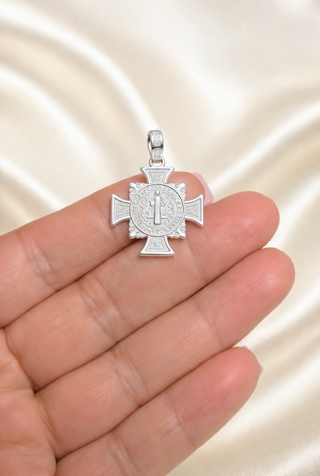 Saint Benedict Cross Pendant - Sterling Silver 925 - 0.9”