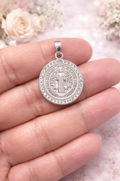 Saint Benedict Pendant with CZ 925 Sterling Silver - 1.1
