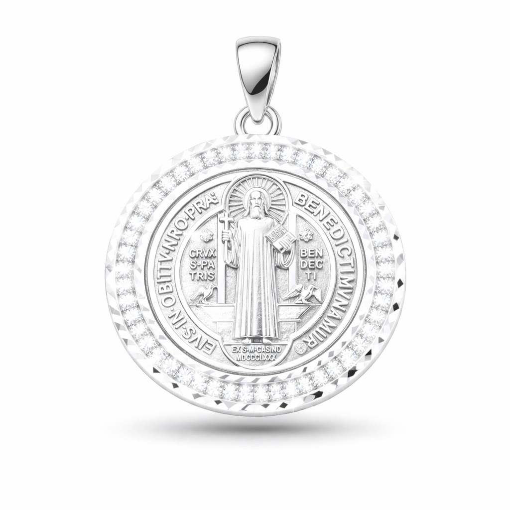 Saint Benedict Pendant with CZ 925 Sterling Silver - 1.1