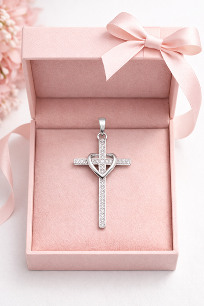 Cross with Heart Pendant -Sterling Silver 925- 1.7”