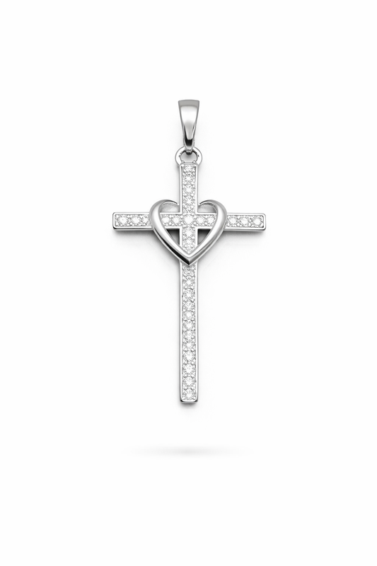 Cross with Heart Pendant -Sterling Silver 925- 1.7”