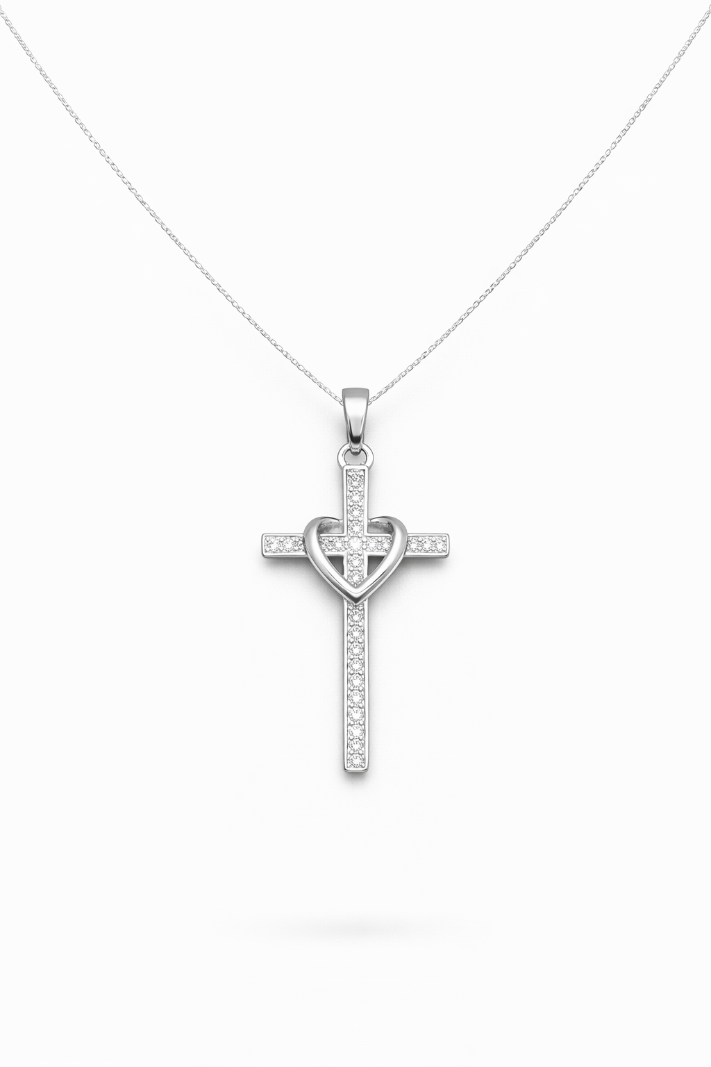 Cross with Heart Pendant -Sterling Silver 925- 1.7”