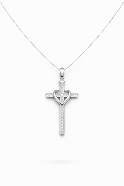 Cross with Heart Pendant -Sterling Silver 925- 1.7”