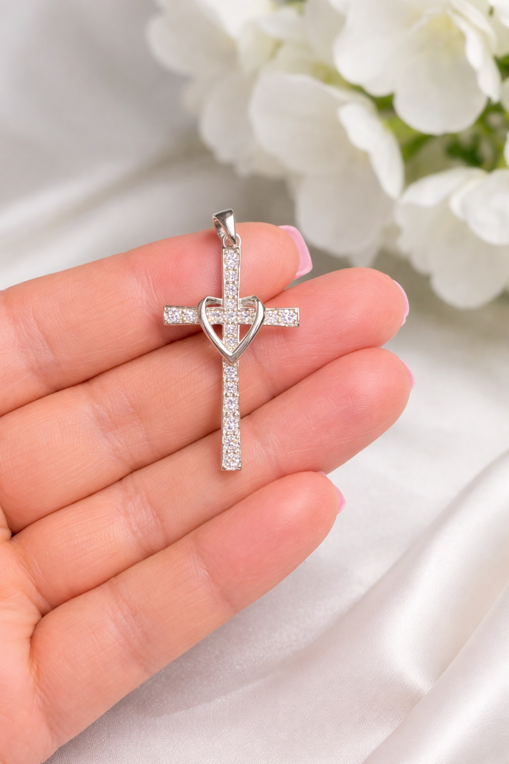 Cross with Heart Pendant -Sterling Silver 925- 1.7”