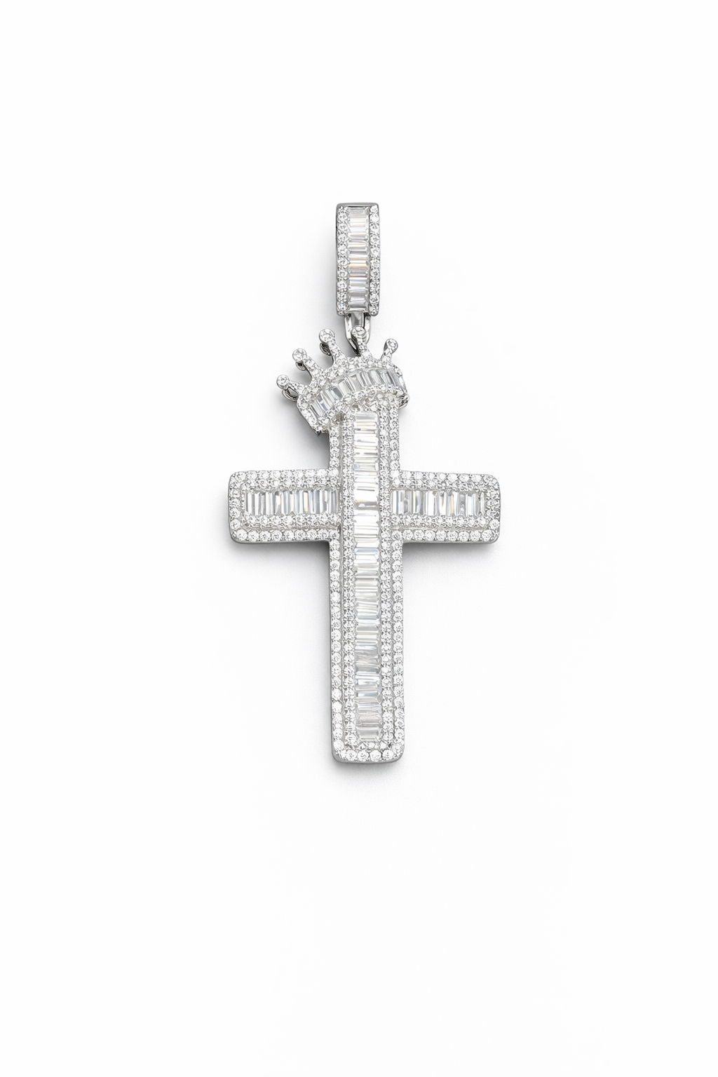 Cross with Crown Large -CZ Silver Silver  925 Pendant- 2.3”