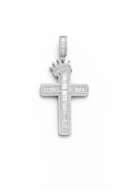 Cross with Crown Large -CZ Silver Silver  925 Pendant- 2.3”