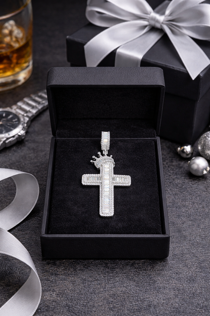 Cross with Crown Large -CZ Silver Silver  925 Pendant- 2.3”