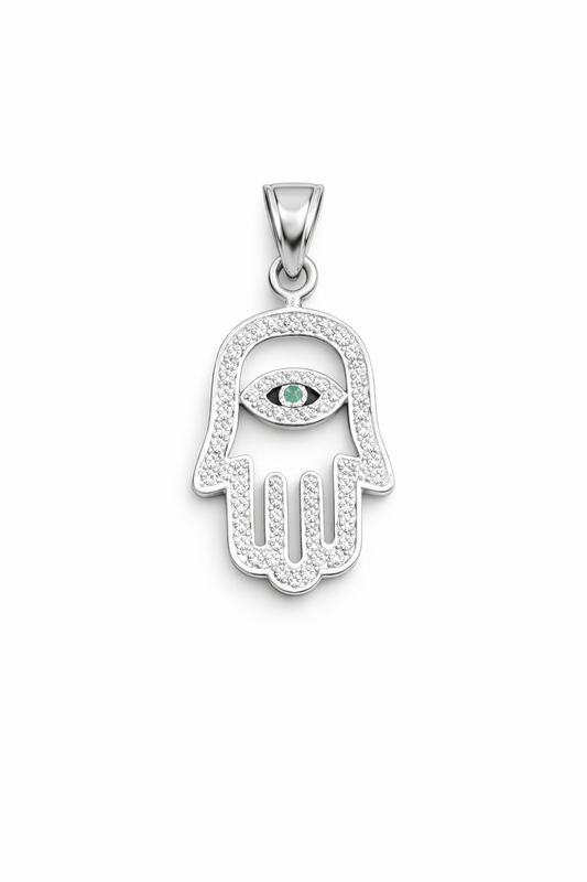 Protective Hamsa Hand Pendant with Green CZ - 1.20”