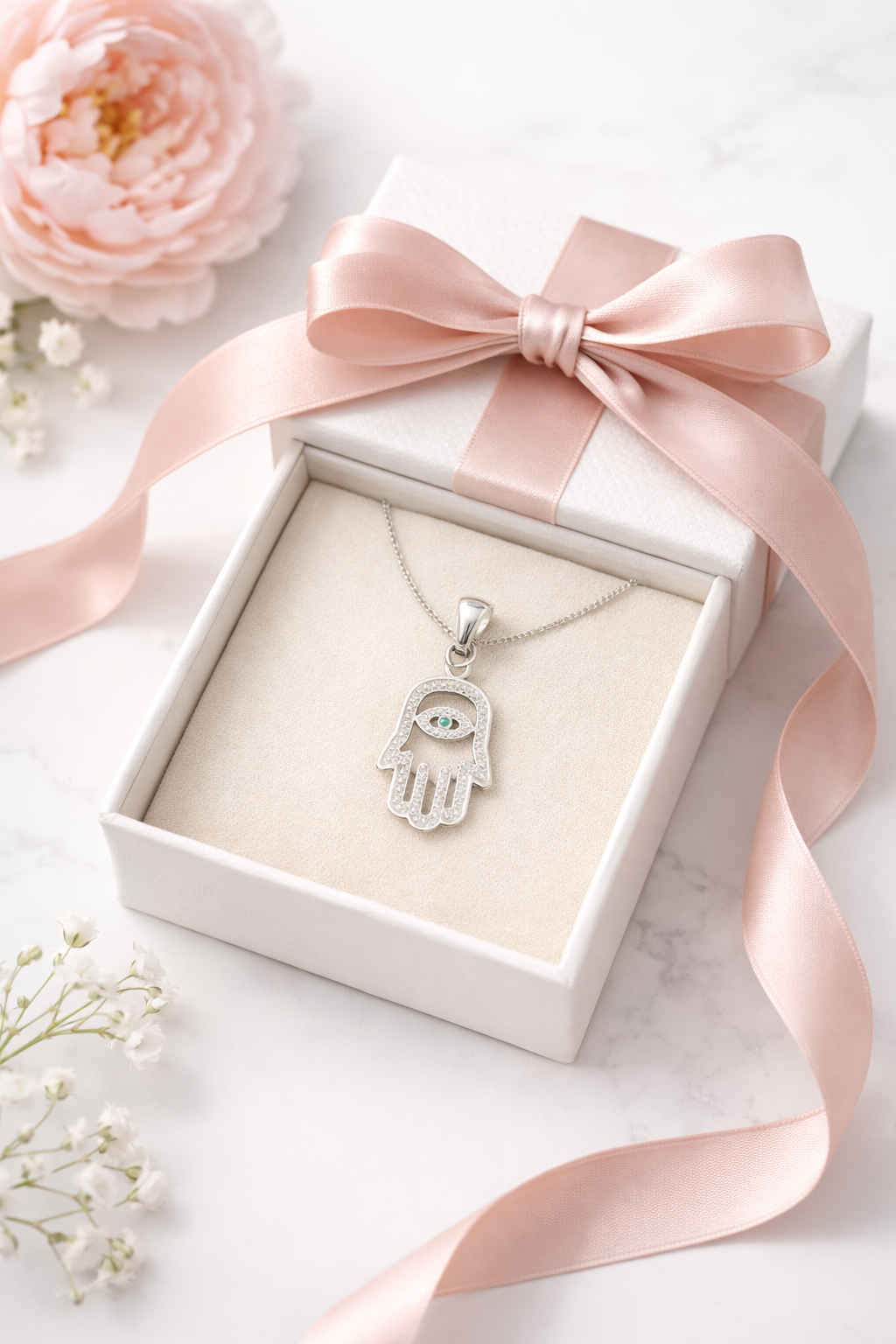 Protective Hamsa Hand Pendant with Green CZ - 1.20”