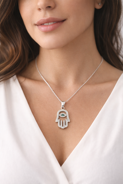 Protective Hamsa Hand Pendant with Green CZ - 1.20”