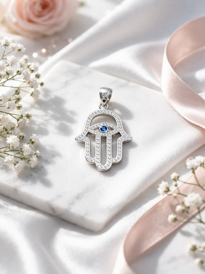 Blue Eye Protection Hamsa 925 Sterling Silver-1.2”