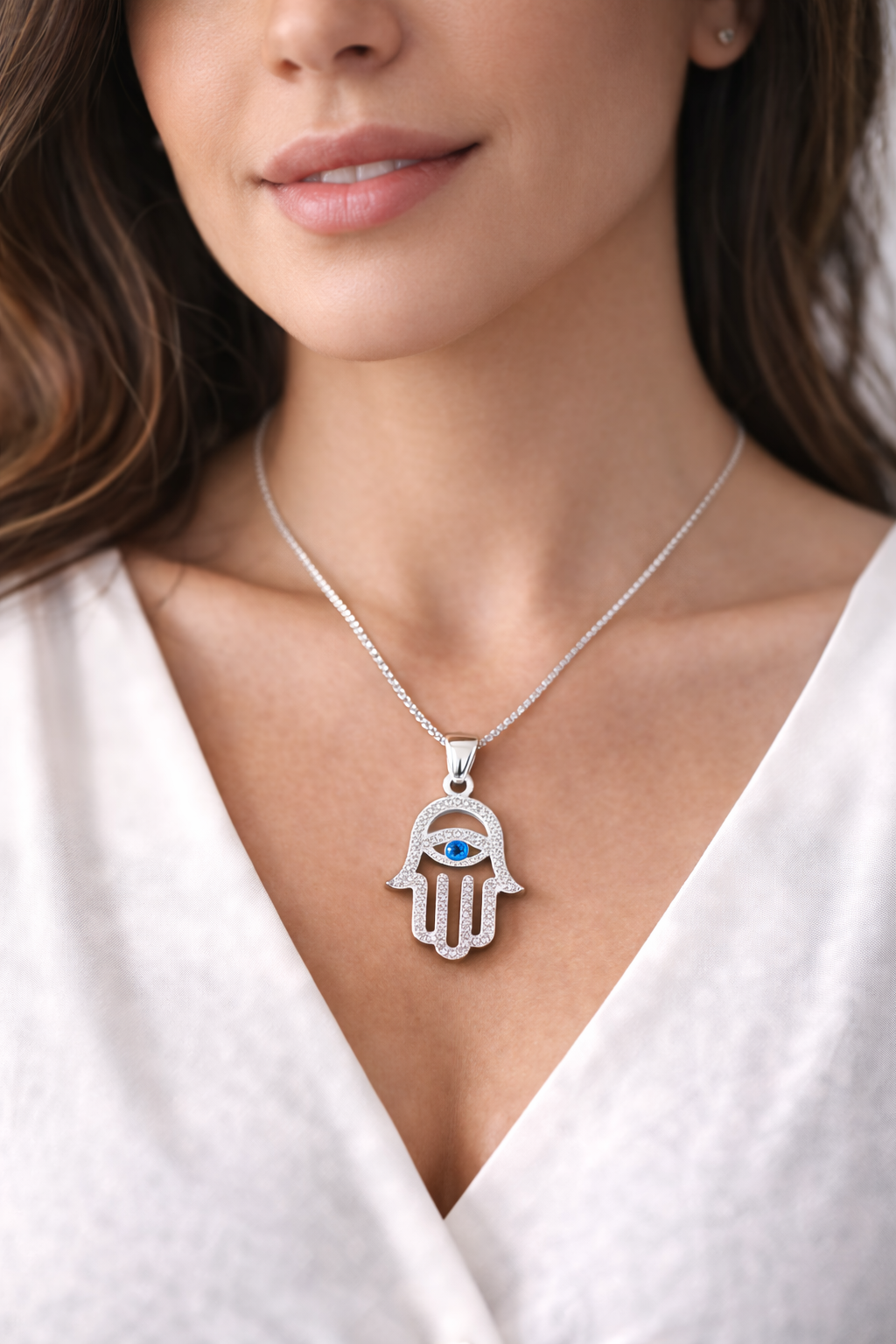 Blue Eye Protection Hamsa 925 Sterling Silver-1.2”