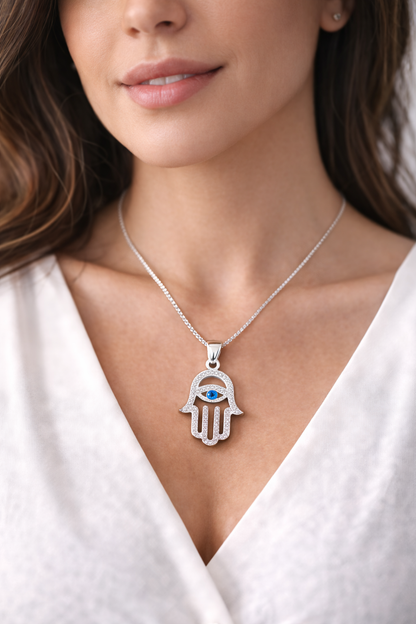 Blue Eye Protection Hamsa 925 Sterling Silver-1.2”
