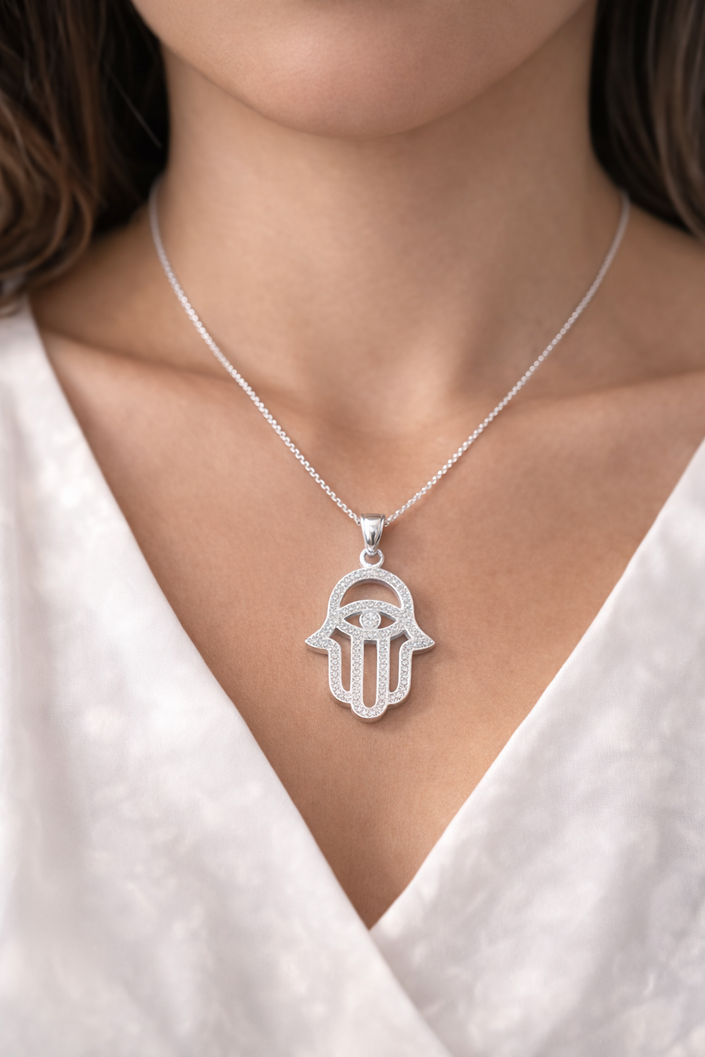 Hamsa Protection With CZ 925 Sterling Silver - 1.2”