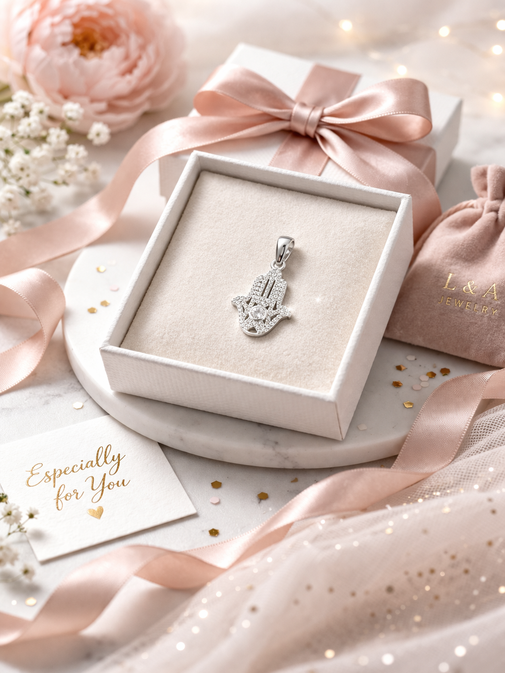 Protective Small Hamsa Hand Pendant with CZ -0.7”