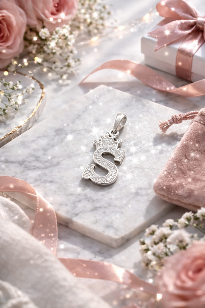 Initial with Crown Pendant CZ Sterling Silver 925