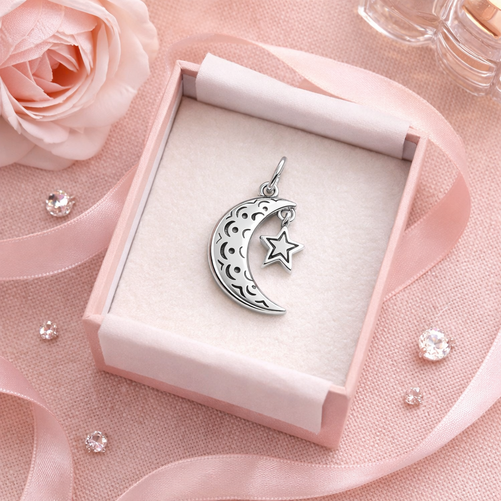 Moon & Star Pendant Sterling Silver 925-0.75”