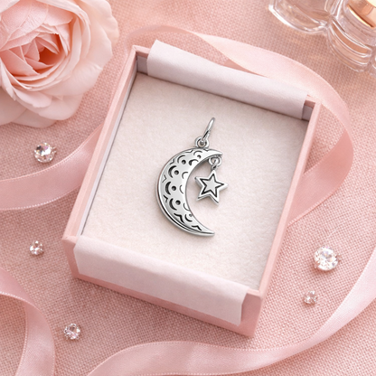 Moon & Star Pendant Sterling Silver 925-0.75”