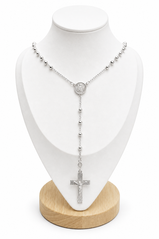 Rosary Necklace Religious-Virgin Medal -Sterling Silver 925 24”-4mm