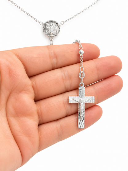 Rosary Necklace Religious-Virgin Medal -Sterling Silver 925 24”-4mm