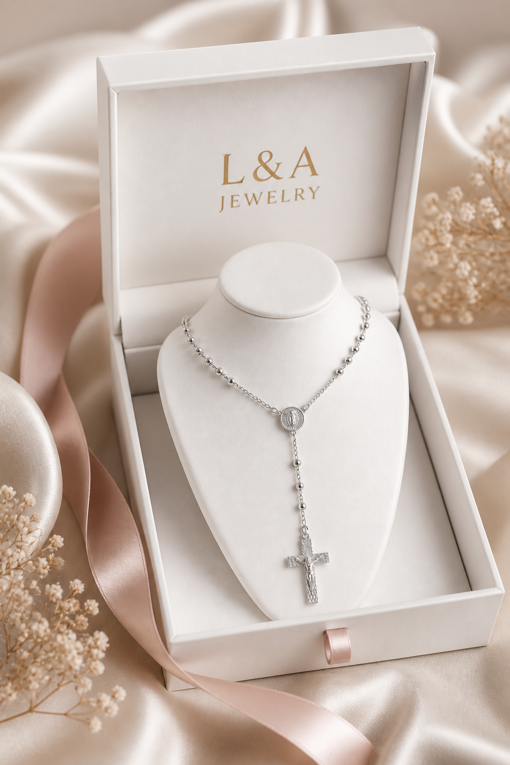 Rosary Necklace Religious-Virgin Medal -Sterling Silver 925 24”-4mm