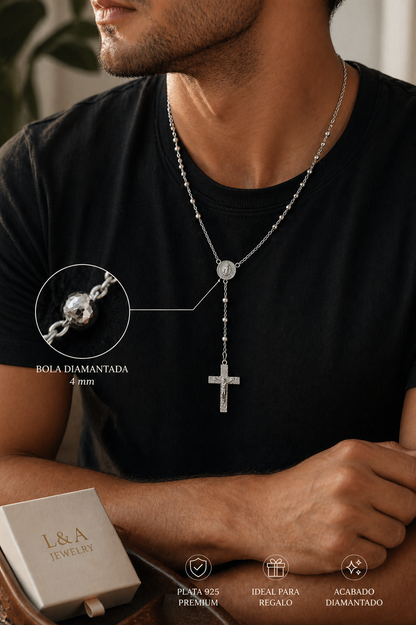 Rosary Necklace Religious-Virgin Medal -Sterling Silver 925 24”-4mm