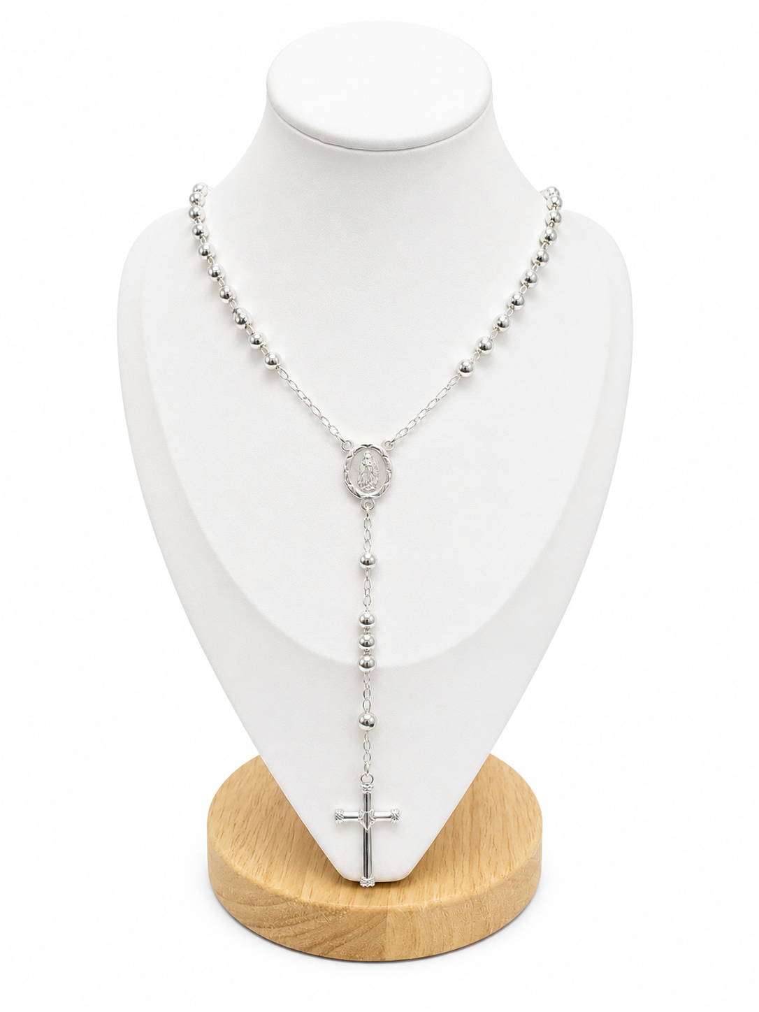 Rosary Necklace Religious- Virgin Oval Medal Sterling Silver 925 24”- 5mm