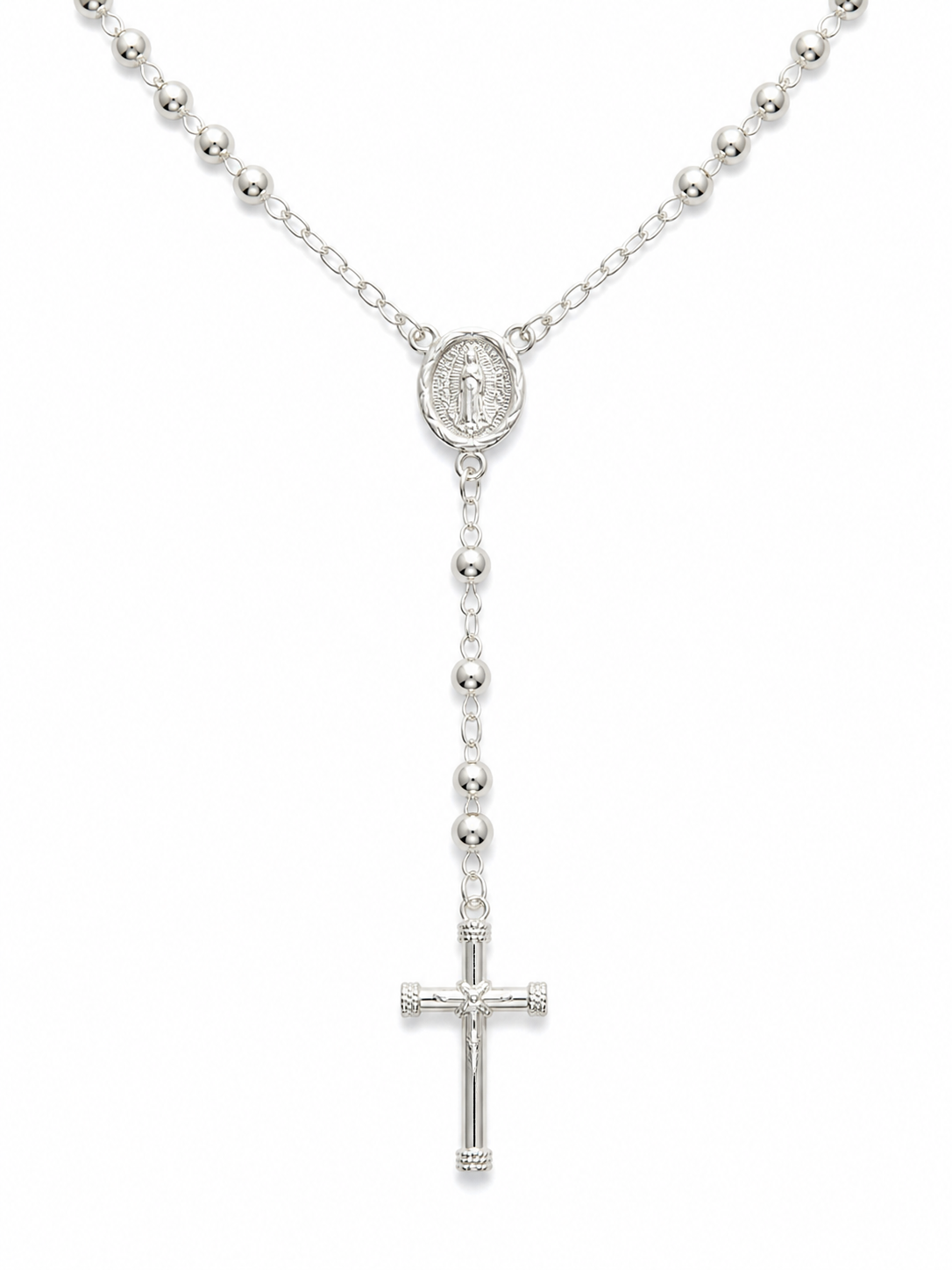 Rosary Necklace Religious- Virgin Oval Medal Sterling Silver 925 24”- 5mm