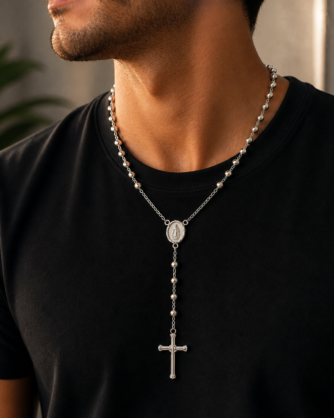 Rosary Necklace Religious- Virgin Oval Medal Sterling Silver 925 24”- 5mm