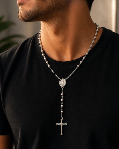 Rosary Necklace Religious- Virgin Oval Medal Sterling Silver 925 24”- 5mm