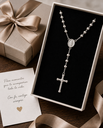 Rosary Necklace Religious- Virgin Oval Medal Sterling Silver 925 24”- 5mm