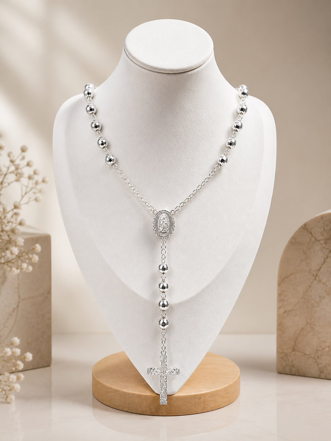 Rosary Necklace  Virgin Mary Medall Oval Sterling Silver925 - 6mm- 25”