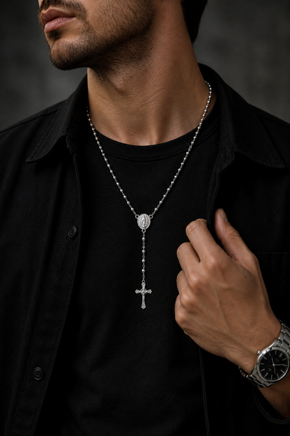 Rosary Necklace Religious Virgin Medal Sterling Silver 925 24”-4mm