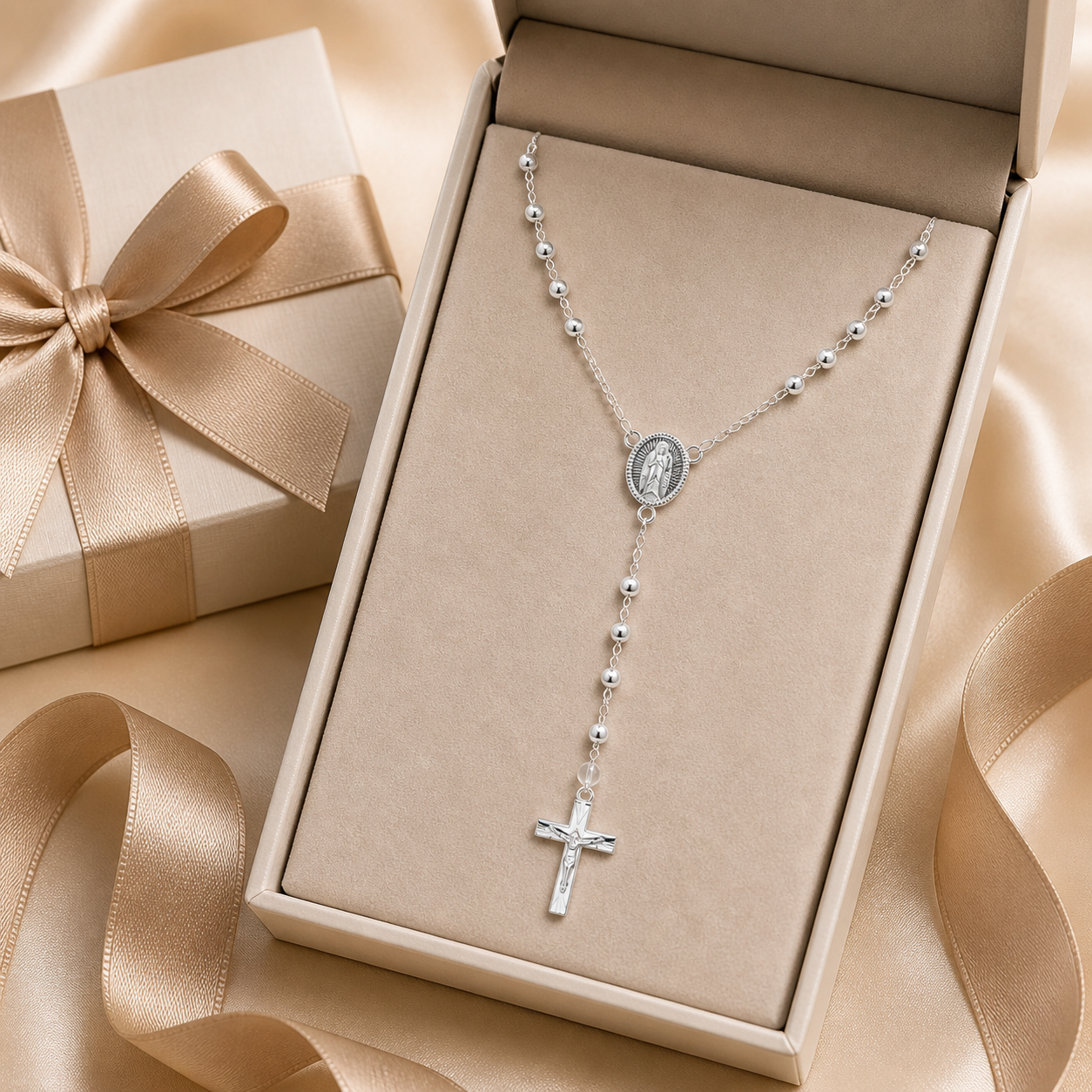 Rosary Necklace Virgen Medal - Sterling Silver 925 22” - 3mm