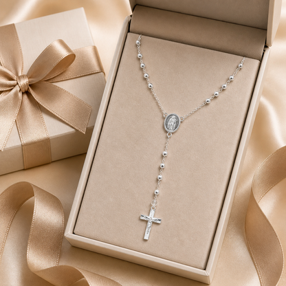 Rosary Necklace Virgen Medal - Sterling Silver 925 22” - 3mm