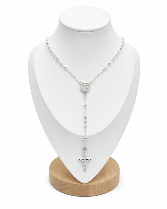 Rosary Necklace Religious- Saint Benedict -Sterling Silver 925-3mm