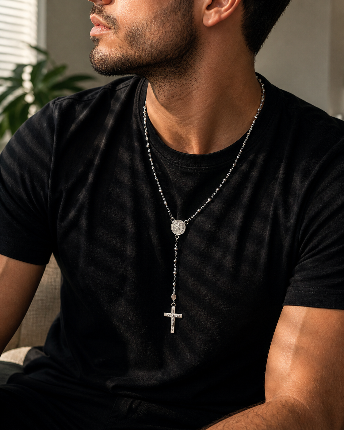 Rosary Necklace Religious- Saint Benedict -Sterling Silver 925-3mm