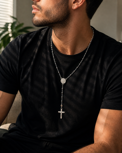 Rosary Necklace Religious- Saint Benedict -Sterling Silver 925-3mm