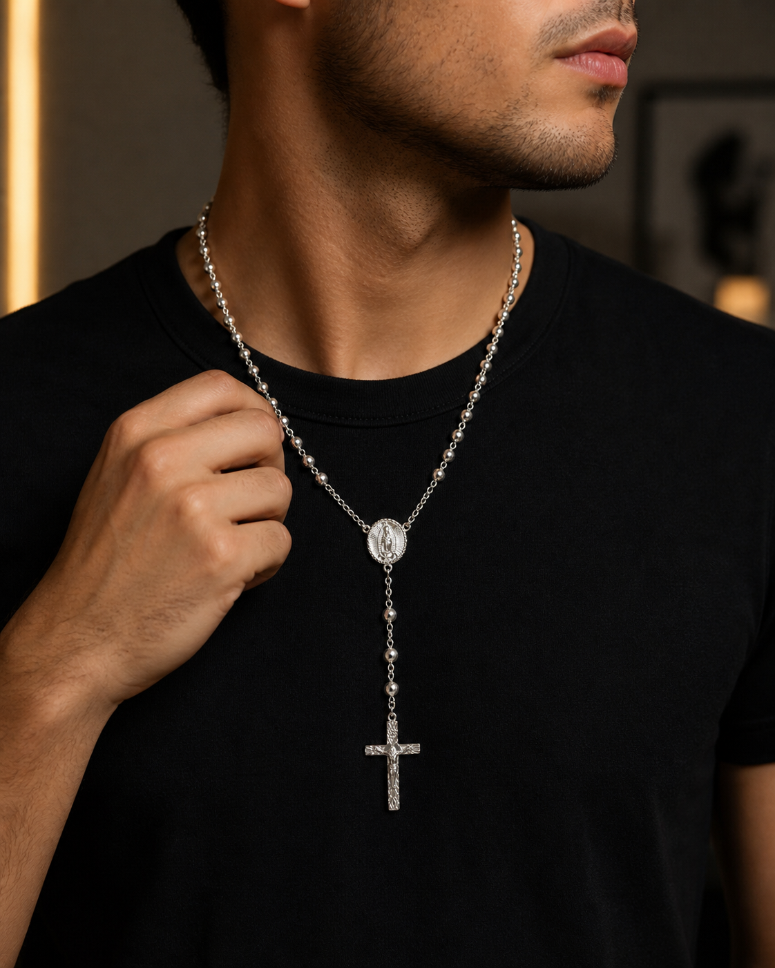 Rosary Necklace Religious Virgin  Medal Sterling Silver 925 22’ -5mm