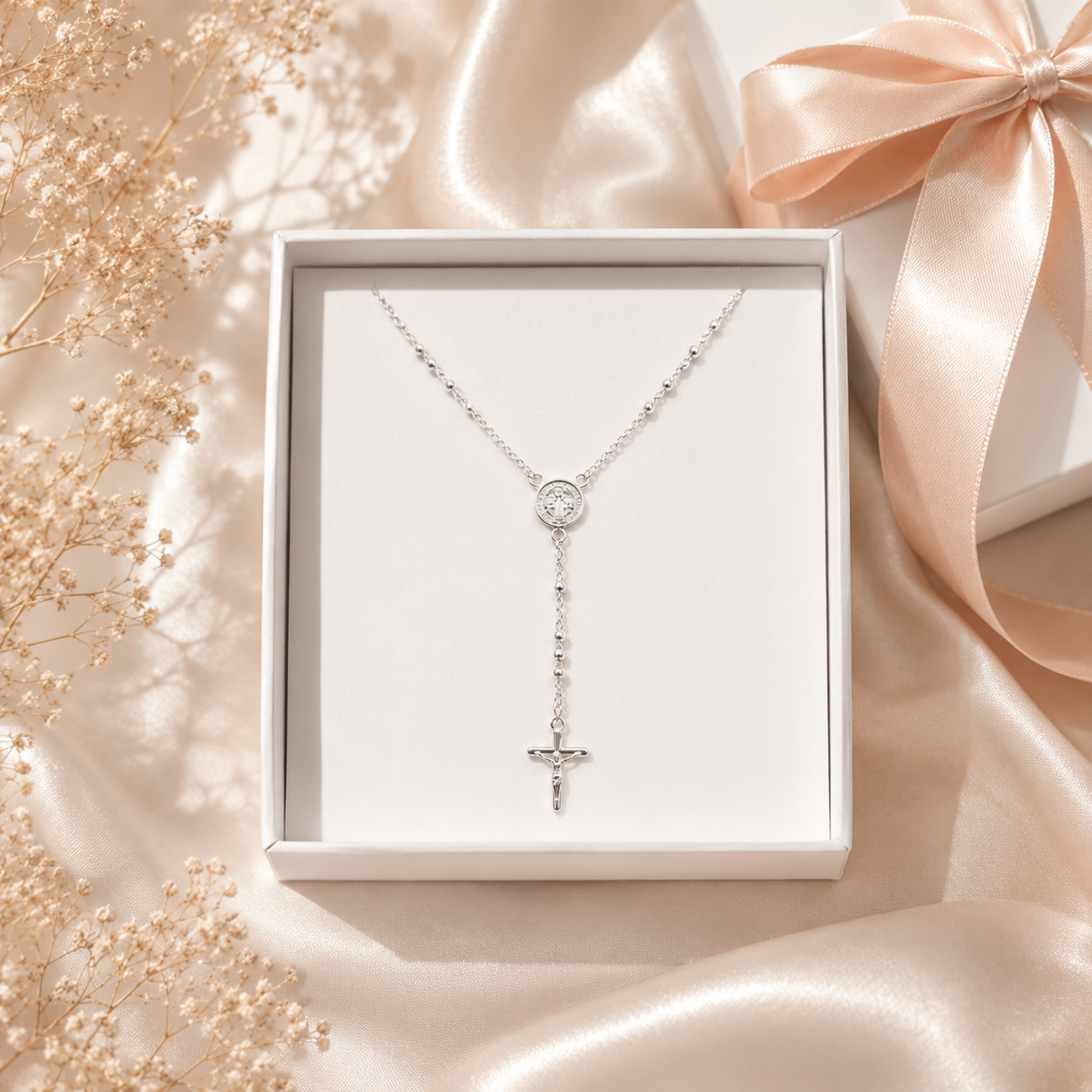 Rosary Necklace Religious- Saint Benedict -Sterling Silver 925-3mm