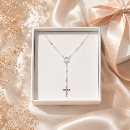 Rosary Necklace Religious- Saint Benedict -Sterling Silver 925-3mm