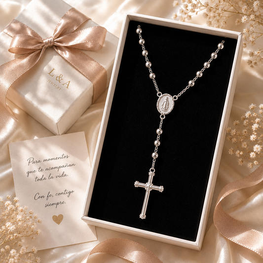 Rosary Necklace Religious- Virgin Oval Medal Sterling Silver 925 24”- 5mm