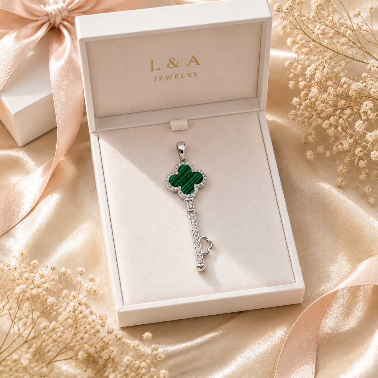 Key Pendant Sterling Silver 925 Pearl - Malachite -45mm