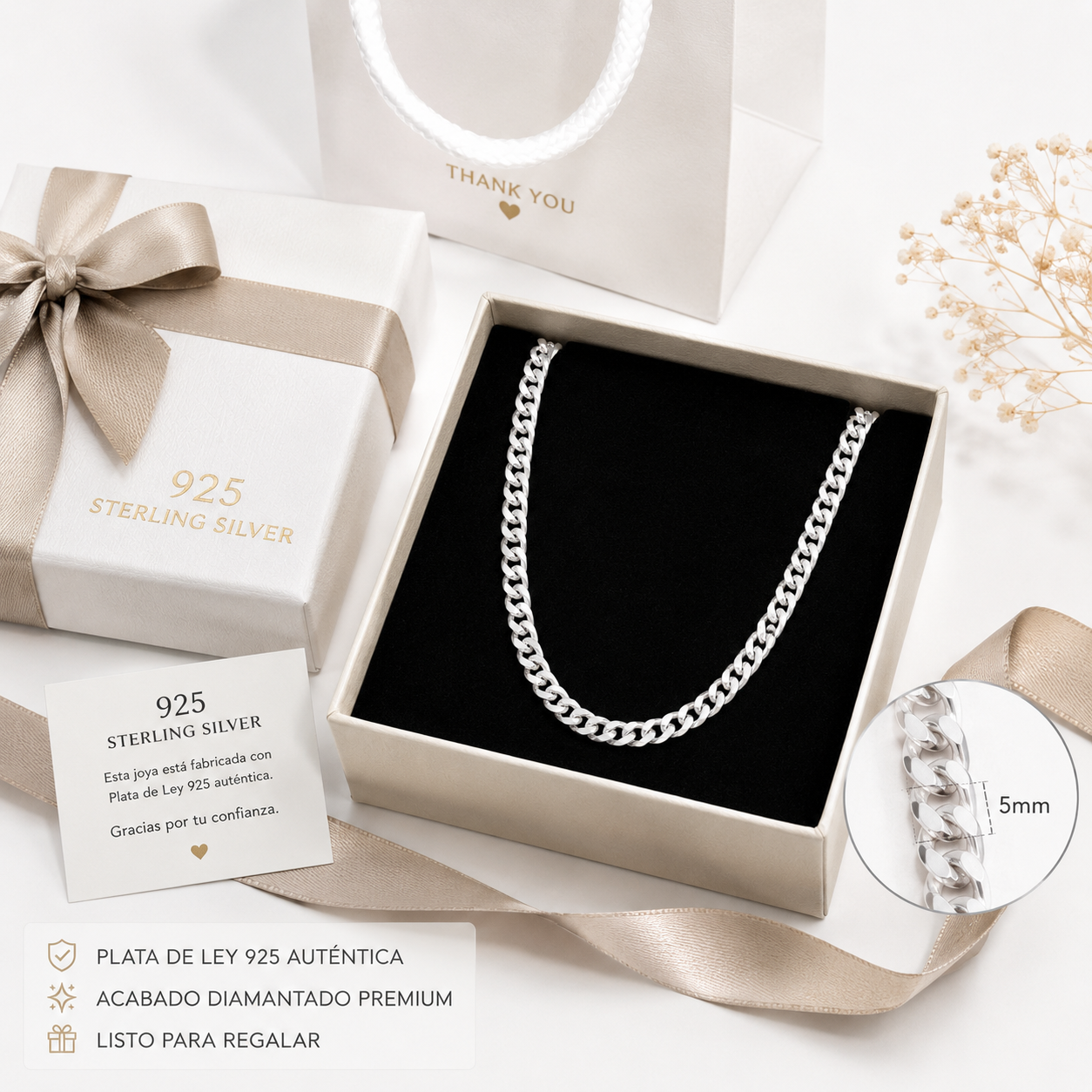 Cuban Chain Necklace 5mm Sterling Silver 925 22 inch