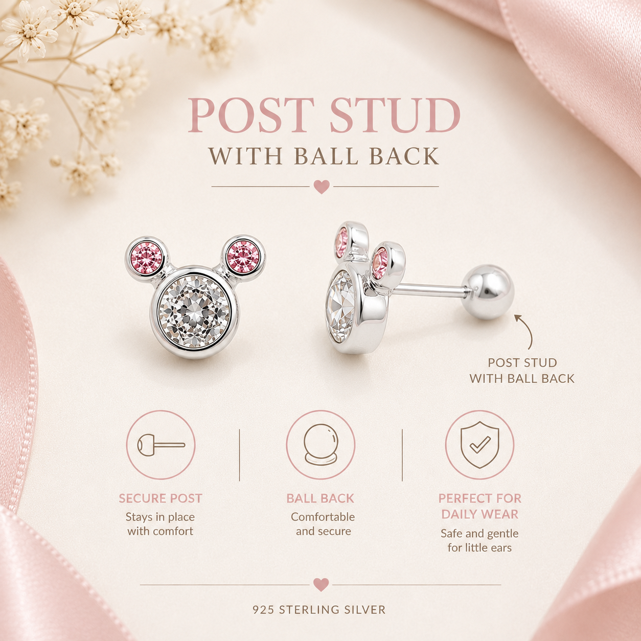 Red Princess Crystal Stud Earrings 925 Sterling Silver - 8mm