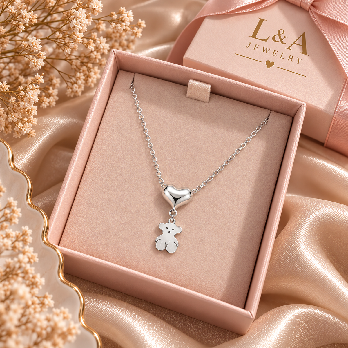Sweet Teddy Heart Necklace 925 Sterling Silver
