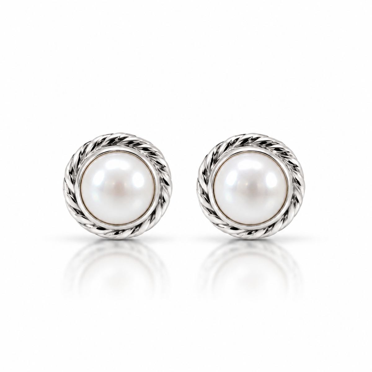 Pearl Grace – Twisted Silver Pearl Stud Earrings | 925 Sterling Silver | 7mm