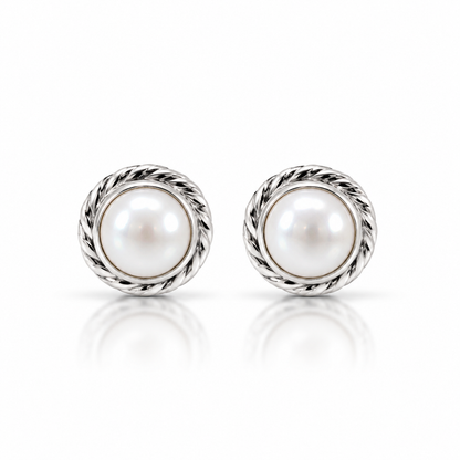 Pearl Grace – Twisted Silver Pearl Stud Earrings | 925 Sterling Silver | 7mm